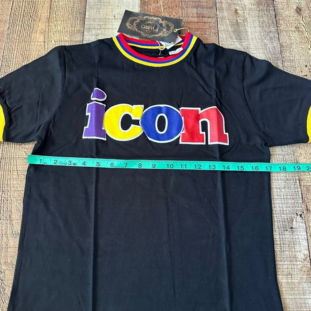 Fwrd Denim Black "Icon" Graphic T-Shirt L Colorful Trim Crew Neck Short Sleeve — image 2 of 7